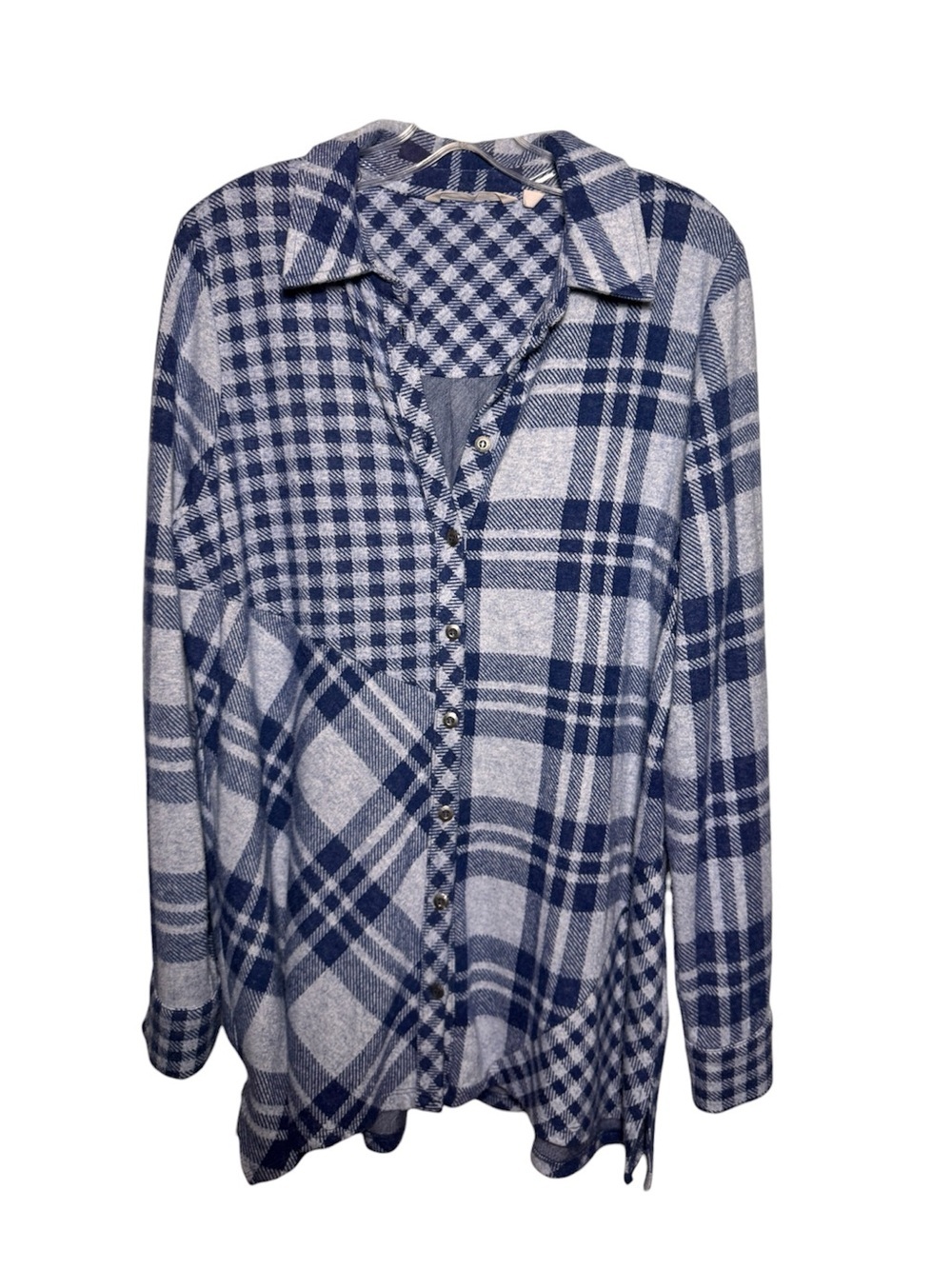 Soft Surroundings women’s  L Regular Blue/White Plaid Flannel Button-Up